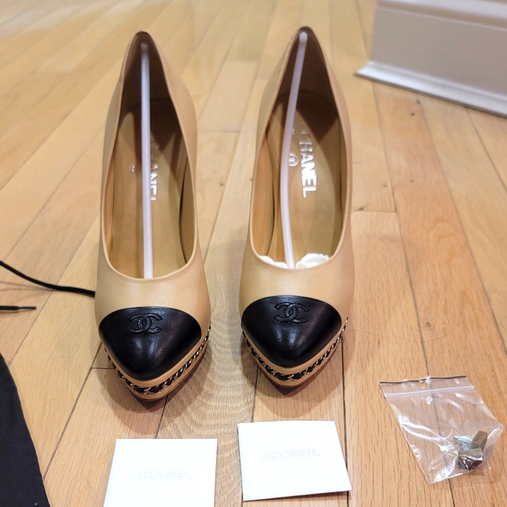 Chanel Lambskin Beige/Black Women's Shoes 39.5